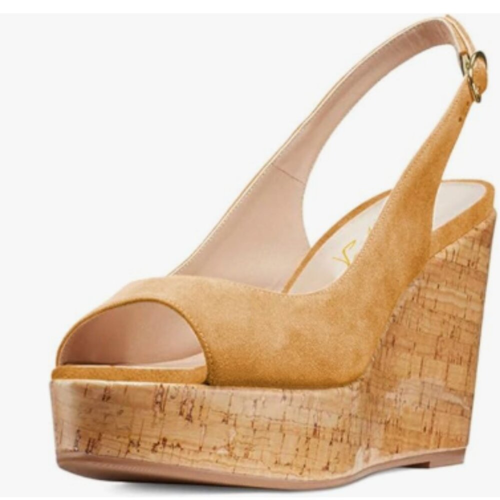 FOWT Khaki Peep Toe Slingback Platform Wedge High Heel Buckle Open Toe Sandals